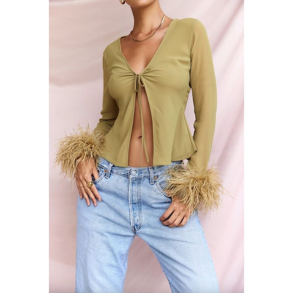 HOUSE OF CB Claudia Feather Trim Blouse in Olive Size X-Small w/ missing string